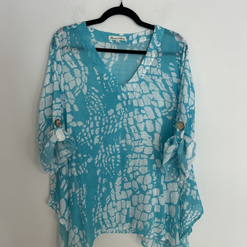 Pleasant Shade Women's XL Turquoise V-Neck Rolled Up Button Sleeve Cover-Up Top